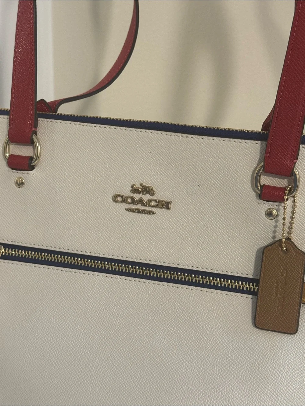 Coach White Pebbled Leather Tote with Red Straps and Tan Accents